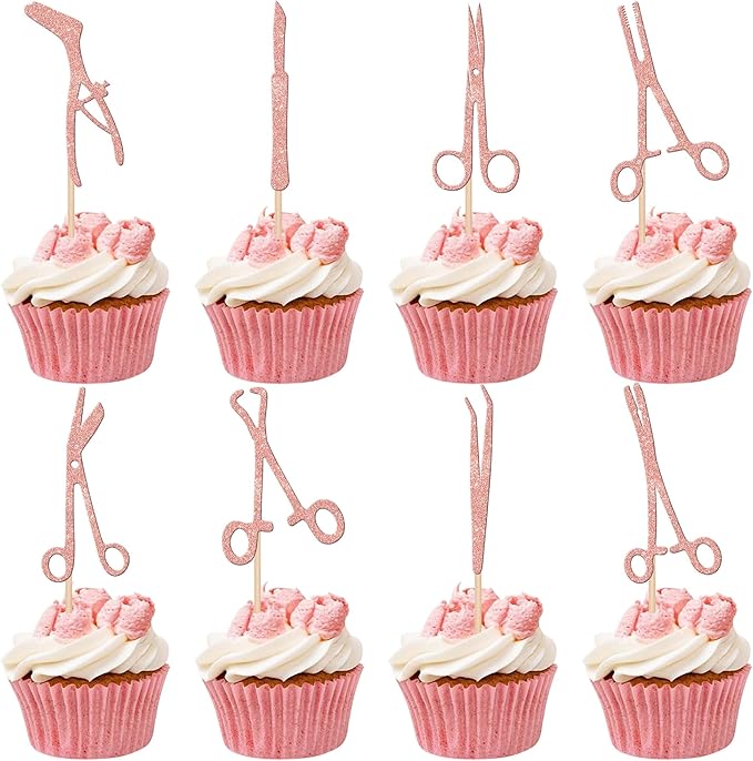 24 PCS Surgical Tool Cupcake Toppers Glitter Surgeon Party Cupcake Picks Surgical Doctor Graduation Cake Decorations for Sterile Processing Tech Tool Theme Birthday Party Supplies Rose Gold