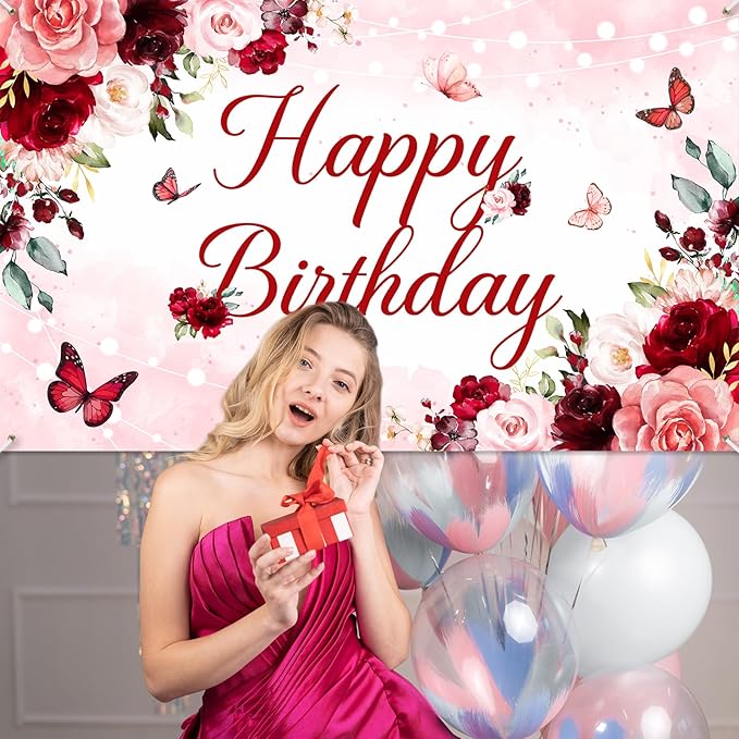 Avezano Floral Happy Birthday Banner for Women Girls Rose Gold Red Floral Birthday Party Decorations for Women Burgundy Flower B-day Party Supplies Banner (6x3.6ft)