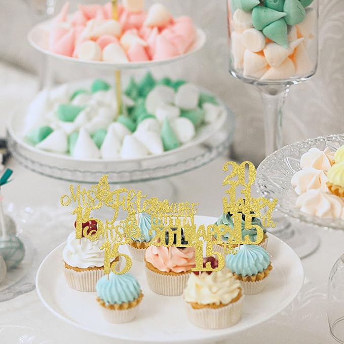 30PCS Straight Outta 2011 Cupcake Toppers Gold Glitter Fifteen Happy 15th Birthday Cupcake Picks Cheers to 15 Years Cake Decorations for 15th Birthday Anniversary Party Decoration Supplies