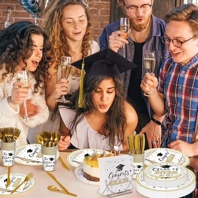 175 Pcs Graduation Tableware Set Party Supplies - Serves 25, Congrats Grad Class of 2025 Disposable Plates, Cups, Napkins, Forks, Spoons, Knives for High School, College Graduation, Prom Decorations