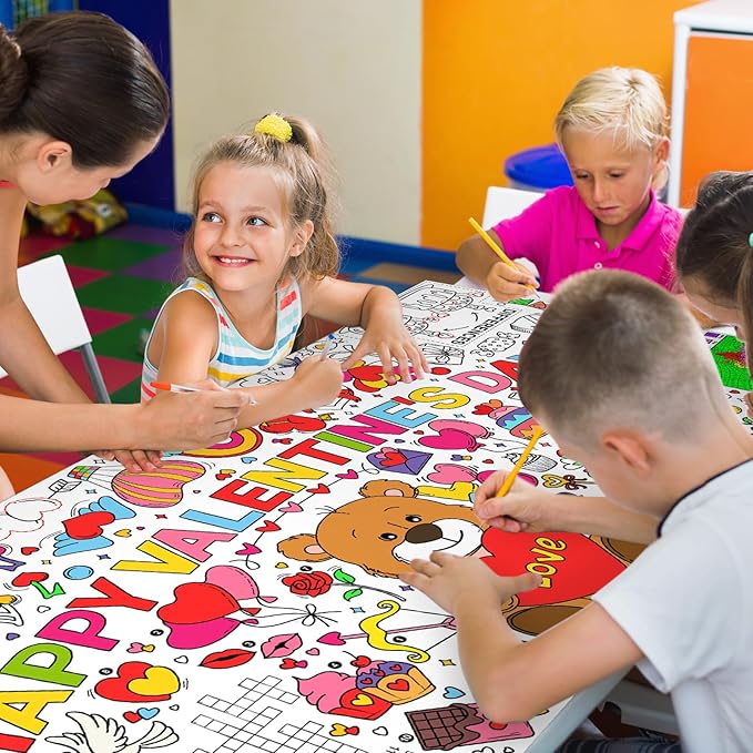 Gatherfun Valentine's Day Activity Poster - 31.5 x 72 Inches, Happy Valentine's Day Party, Versatile Paper Coloring Banner/Table Cover for School Parties and Special Events Decoration