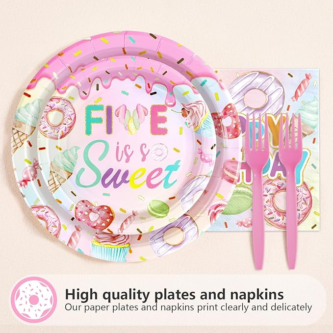 96 Pcs Sweet Sassy and 5 Birthday Decorations Donut 5th Birthday Party Decorations for Girls Colorful Donut Plates and Napkins 5 Years Old Disposable Party Supplies Serves 24