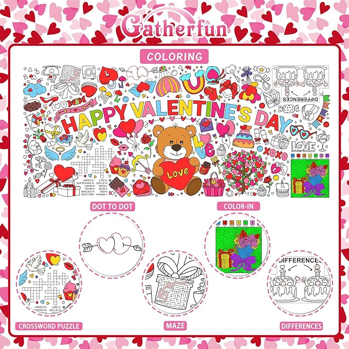 Gatherfun Valentine's Day Activity Poster - 31.5 x 72 Inches, Happy Valentine's Day Party, Versatile Paper Coloring Banner/Table Cover for School Parties and Special Events Decoration