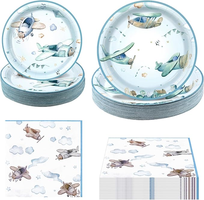 180Pcs Airplane Shower Party Supplies Paper Plates and Napkins Serve 60 Disposable Tableware Set for Birthday Party Decorations Game Day Family Holiday Sports Events