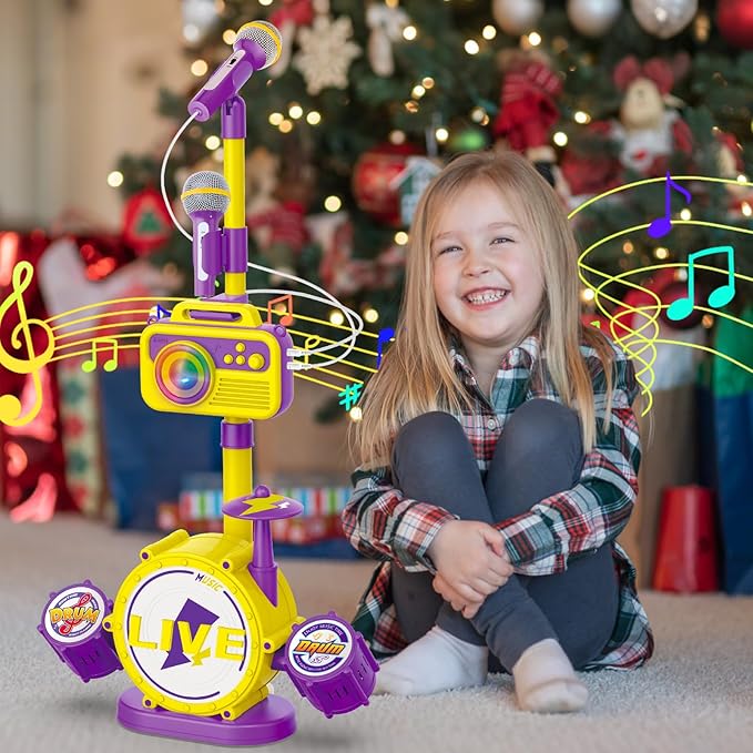 Kids Karaoke Microphone with Adjustable Stand – Bluetooth Kids Karaoke Machine with Lights, Voice Changer, & Recording –Microphones for Singing, Christmas & Birthday Gifts for Girls-Yellow