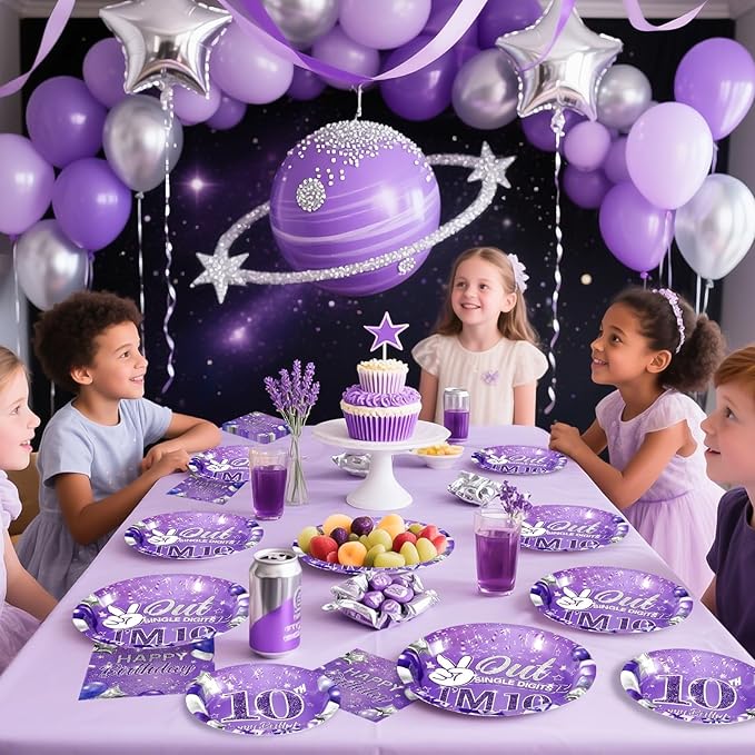 Grencian 96Pcs Purple 10th Birthday Decorations for Girls Purple 10th Birthday Plates and Napkins Disposable Glitter Out Single Digits I'm 10 Paper Tableware for 10 Years Old Party Supplies, Serves 24