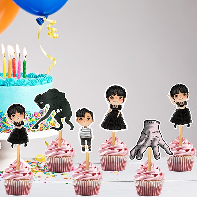 Wednsday Cupcake Topper – Gothic Dark Theme Cupcake Topper for Birthday Celebrations and Themed Events, Stylish Character-Inspired Decorative Cake Topper for Dessert Tables and Party Displays