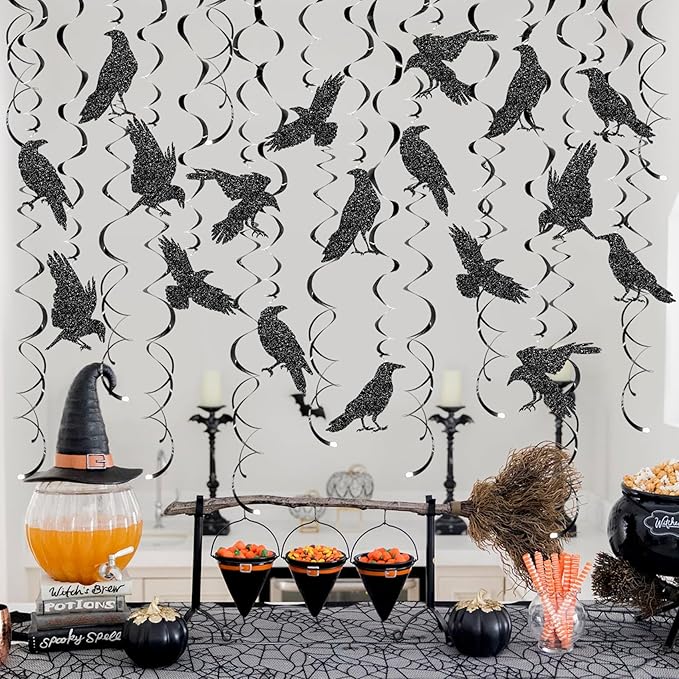 24 Pcs Crow Hanging Swirls Crow Ceiling Decorations Black Crow Party Decorations Crow Party Supplies for Crow Birthday Party Decorations Halloween Party Decorations