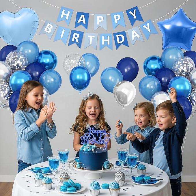 Blue Silver Birthday Decorations for Boys Men,Dark Navy Metallic Confetti Latex Party Balloon Star Heart Foil Balloon Cake Topper Blue Party Supplies Decor