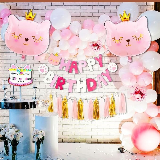 Pink Cat Birthday Party Decoration Kitty Cat Balloons Cat Kitty Birthday MEOW Banner Meow Party Supplies Pink Cat Kitty Cake Decoration