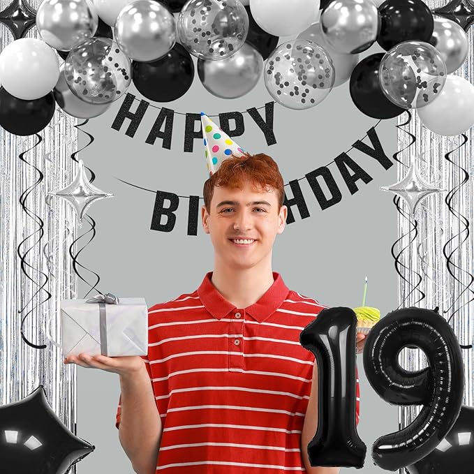 19th Birthday Decorations for Boys Girls, Silvery and Black Happy 19th Birthday Banner,Number 19 Balloons Arch Kit for 19 year old Birthday Party Decorations