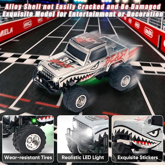 1:64 Grey RC Cars for Kids Toys, 2.4Ghz Remote and APP Control, Mini Alloy Truck Car with Cool Light and USB-C Recharging, Speed Adjustable Steering Easy to Operate, Gift for Children, Boys, Girls