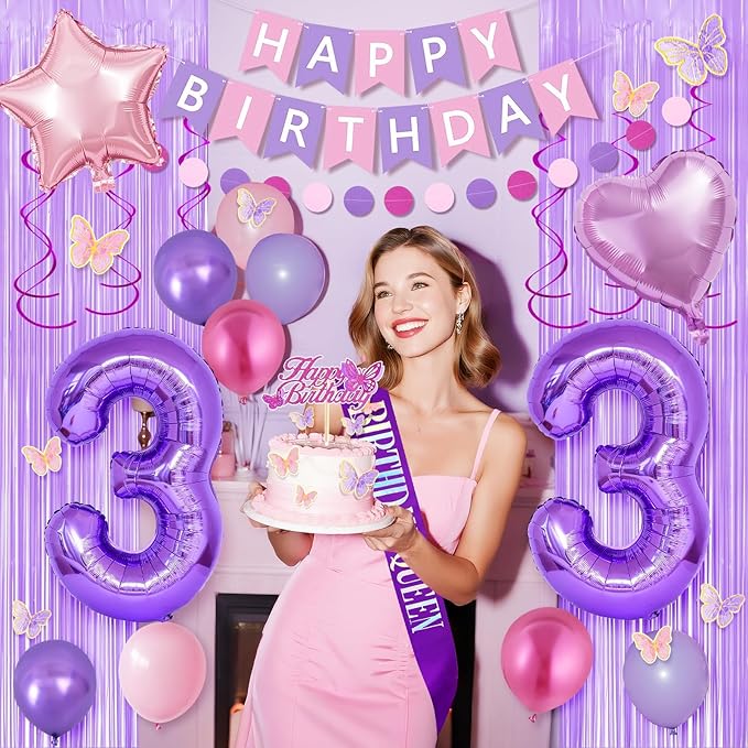 33rd Purple Birthday Decorations for Women, Pink and Purple Happy 33 Birthday Party Decorations with Happy Birthday Banner, Number Foil Balloons, Butterfly Cake Topper for 33rd Party Supplies