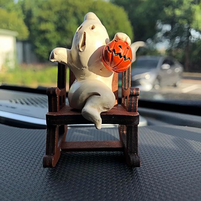 Funny White Pumpkin Ghost on Rocking Chair Statues Figures Ornaments for Car Dashboard Decorations Accessories Interior Dash Board Charms Birthday Cake Toppers Decoration Desk Decor