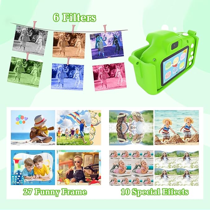 Kids Camera for 3-9 Year Old Boys Girls, Children Digital Camera with Cute Cartoon Soft Cover & 32GB SD Card, Best Christmas Birthday Gifts for Grandkids, Halloween Party Favors for Kids - Green