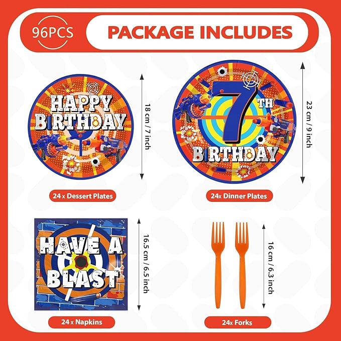 96Pcs Dart War 7th Birthday Party Supplies Dart War 7th Theme Plates and Napkins Blue and Orange 7 Years Old Tableware Set for Birthday Party Decoration Serves 24