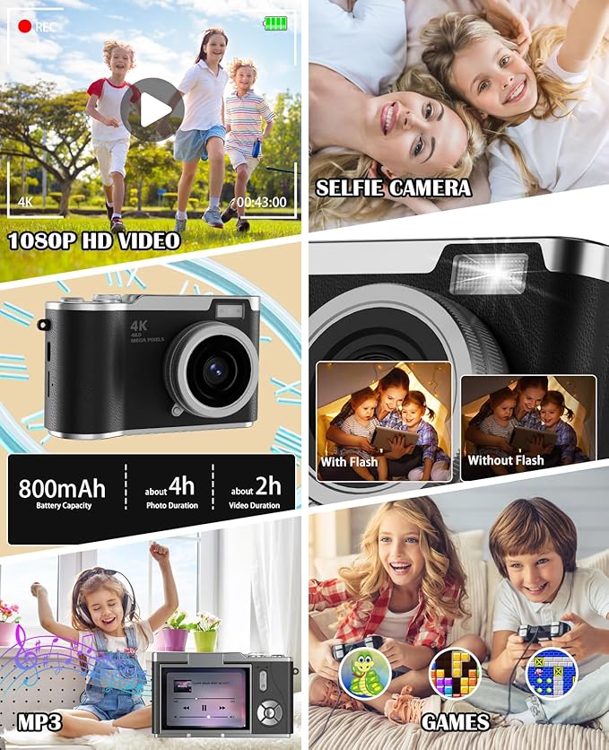 Kids Camera,4K Digital Camera for Photography,48MP 1080P HD Video Selfie Camera,with 180° Flip Screen Flash,with 32GB SD Card,for Starter Kid Children Teen Student Girl Boy(Black)
