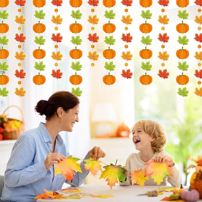 MARFOREVER 41 Ft Thanksgiving Maple Leaf Pumpkin Paper Garland, Fall Party Hanging Decorations Autumn Hanging Swirl Streamers for Fall Harvest Thanksgiving Baby Shower Home Ceiling Decorations
