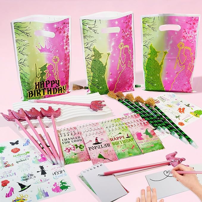 48Pcs Pink and Green Witch Party Favors, Witch Birthday Decorations, Ballpoint Pens, Notebooks, Temporary Tattoo Stickers, Classroom Rewards Student Birthday Gifts Party Supplies