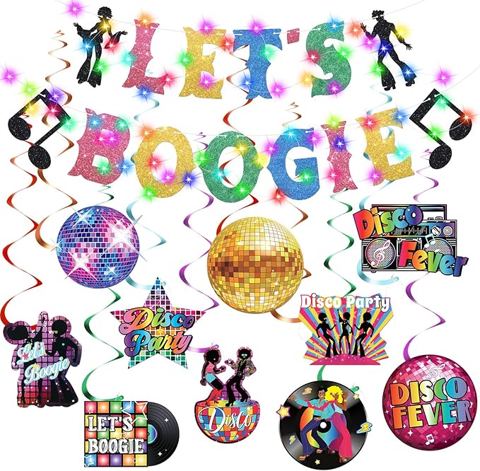 Epakh 35 Pcs 70s Disco Party Decorations with LED Color Lights 70s Party Banner and Hanging Swirls Disco Ceiling Hanging Decor for Back to Birthday Rock Hippie Boogie Party Supplies