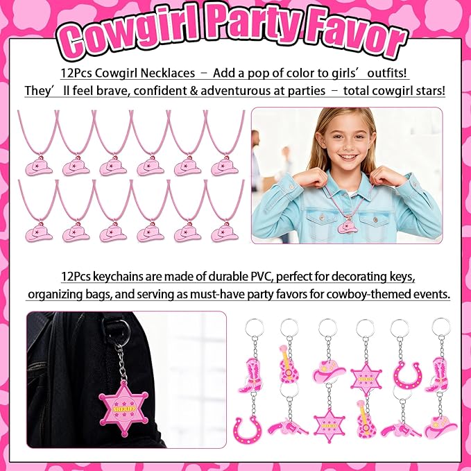Cowgirl Party Favors Pack - For 12Guests | Pink Goodie Bag Stuffers for Kids Girls' Birthday | Galentines | Pinata Filler & Classroom Rewards