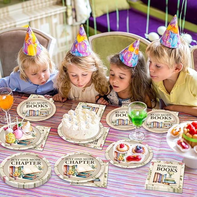 96Pcs Reading Theme Party Supplies Read More Books Paper Plates and Napkins Book Themed Birthday Decorations Vintage Reading Disposable Tableware Set for Birthday Picnic BBQ Baby Shower Serves 24