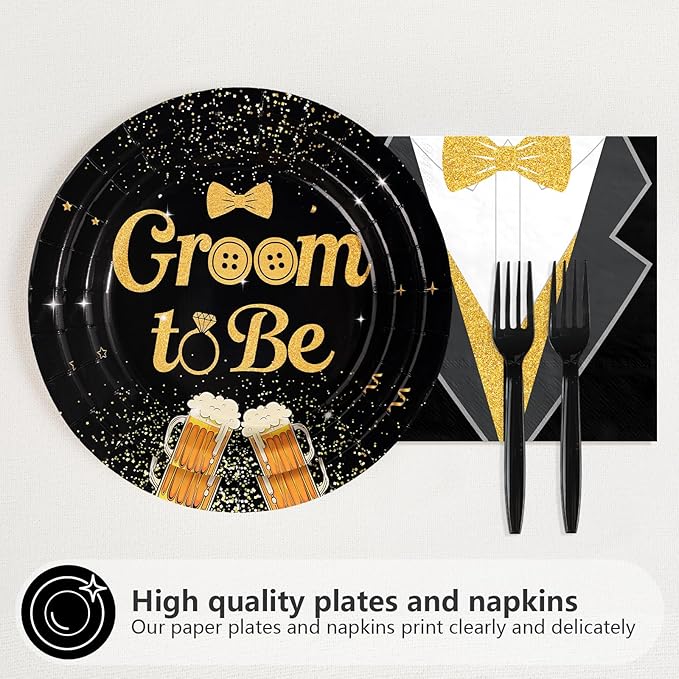 96Pcs Groom to Be Party Supplies Groom Shower Bachelor Plates and Napkins Black Gold Theme Party Disposable Paper Tableware Set for Engagement Wedding Bridal Shower Party Supplies Serves 24