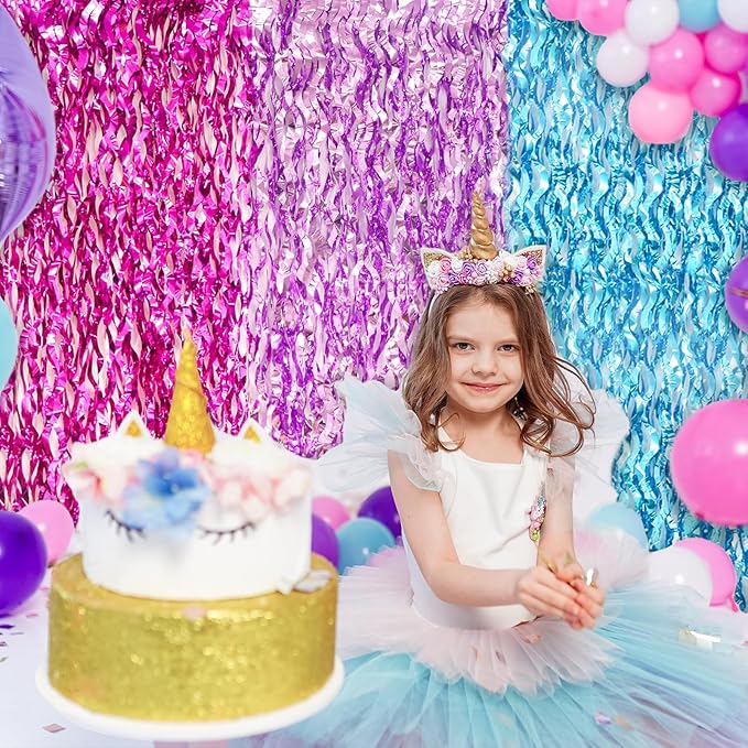 ADLKGG 3 Pack Wavy Foil Fringe Curtain, Pink Purple Blue Streamers Water Beach Backdrop for Mermaid Theme Birthday Decorations Under The Sea Party Decorations, Summer Holiday Party, 3.3x6.6 Feet