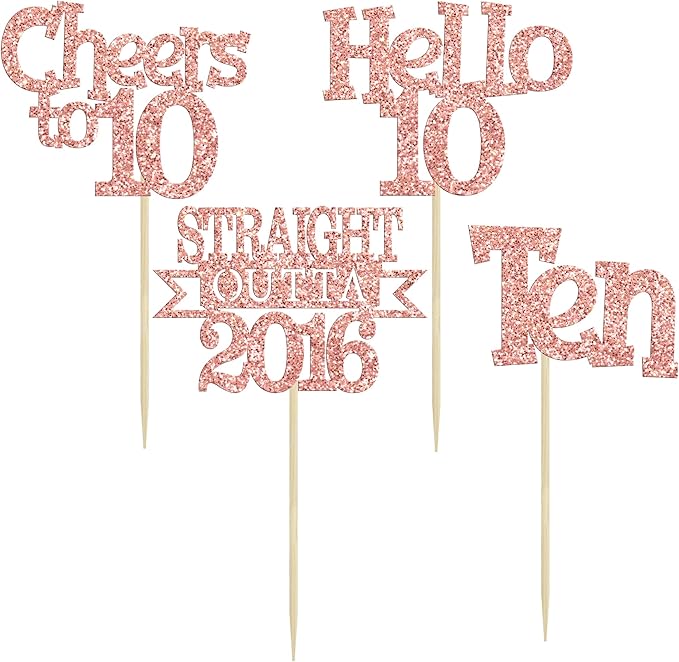 Ephlyn 24Pcs Happy 10th Birthday Cupcake Toppers Glitter Ten Cupcake Picks Hello 10 Cheers to 10 Years Cake Decorations for 10th Birthday Anniversary Party Decorations Supplies Rose Gold