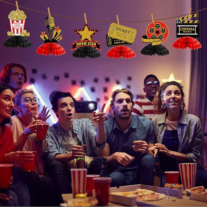 Pajean 12 Pieces Movie Night Party Decorations Supplies Movie Theater Centerpiece Honeycomb 3D Ticket Popcorn Star Table Topper Decor for Birthday Party Favors(Red)