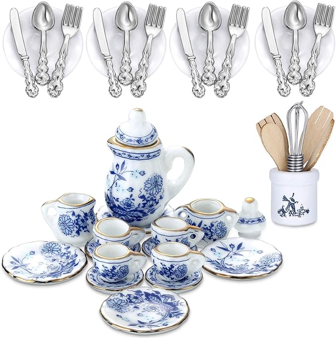 Skylety 37 Pieces 1:12 Scale Miniatures Dollhouse Kitchen Accessories Include 16 Plates Knife Fork Spoon, 6 Egg Beater Utensil, 15 Tea Cup Set(Blue Porcelain)