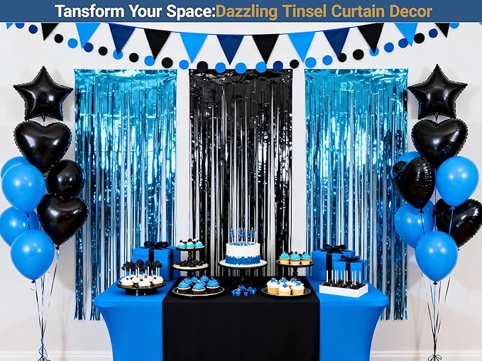 3packs Navy Blue Black Foil Fringe Curtains, Blue Birthday Party Decorations Backdrop for Women, Graduation Tinsel,Retirement Tinsels for Man Him,Wedding Streamers-Each 3.3 x 6.5ft