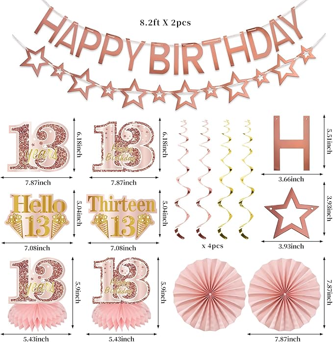 13th Birthday Decorations for Girls, Pink Rose Gold Happy 13 years old Birthday Banner Backdrop Balloons Sash Table Cake Topper Honeycomb Centerpieces Hanging Swirls Paper Fans Party Supplies