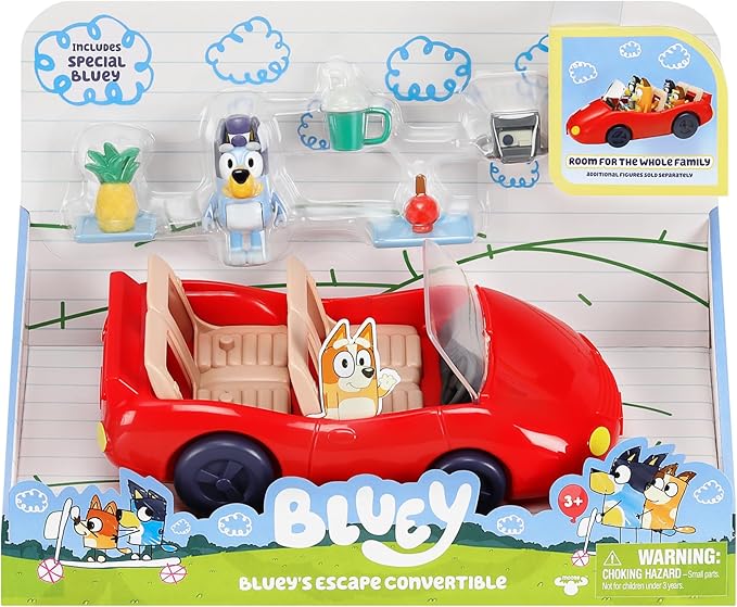 Bluey Figurine (2.5”) & Escape Convertible Vehicle Playset, Robust Toddler Toy Car with 4 Accessories and Stickers, Immersive Toys for Kids Ages 3+