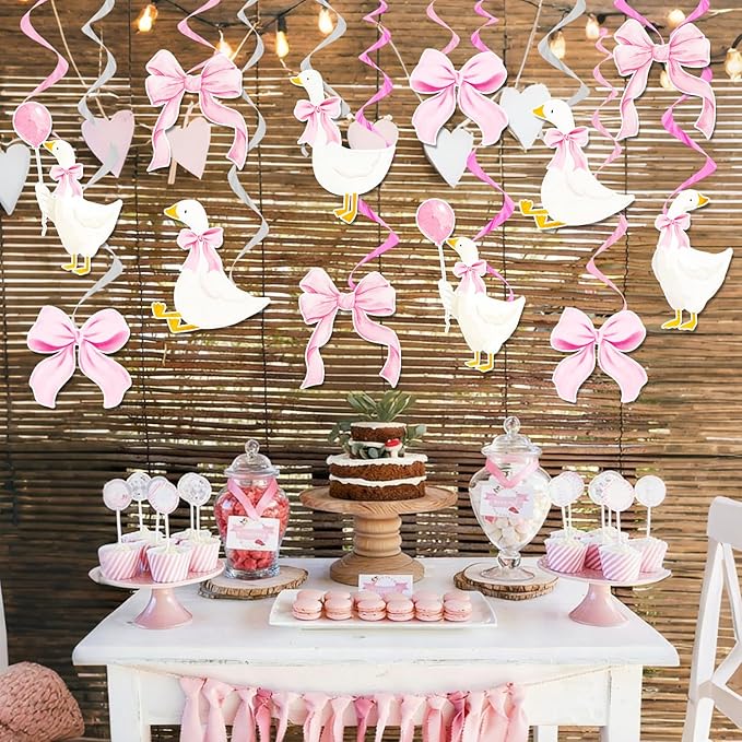Pink Bow Silly Goose Hanging Swirls Goose Birthday Party Decorations 23Pcs One Silly Goose Hanging Streamers Farm Silly Goose Ceiling Decor for Geese Theme Girls Baby Shower Supplies