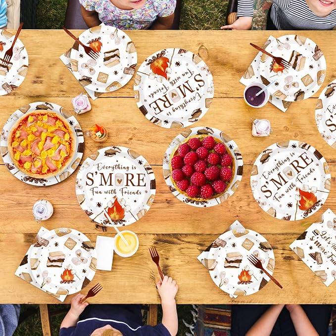 96 Pcs Smore Camping Party Decorations Everything is S'More Fun with Friends Plates and Napkins Camping Themed Tableware Set for Campers Birthday Baby Shower Campfire Bonfire Party Supplies Serves 24