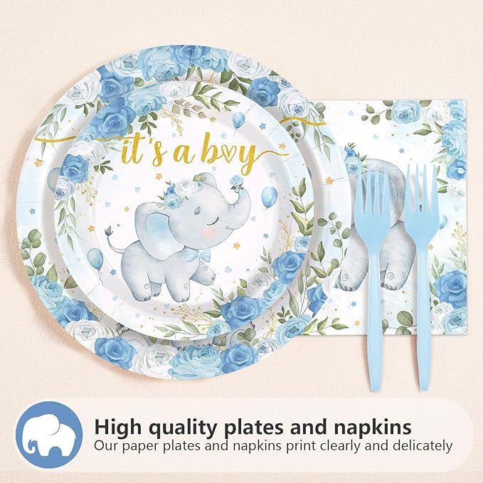 96Pcs Elephant Baby Shower Party Decorations Blue Elephant Plates and Napkins Tableware Set Baby Blue Floral Cute Themed Decorations Favors for Boy Girl Gender Reveal Birthday Party Supplies Serves 24