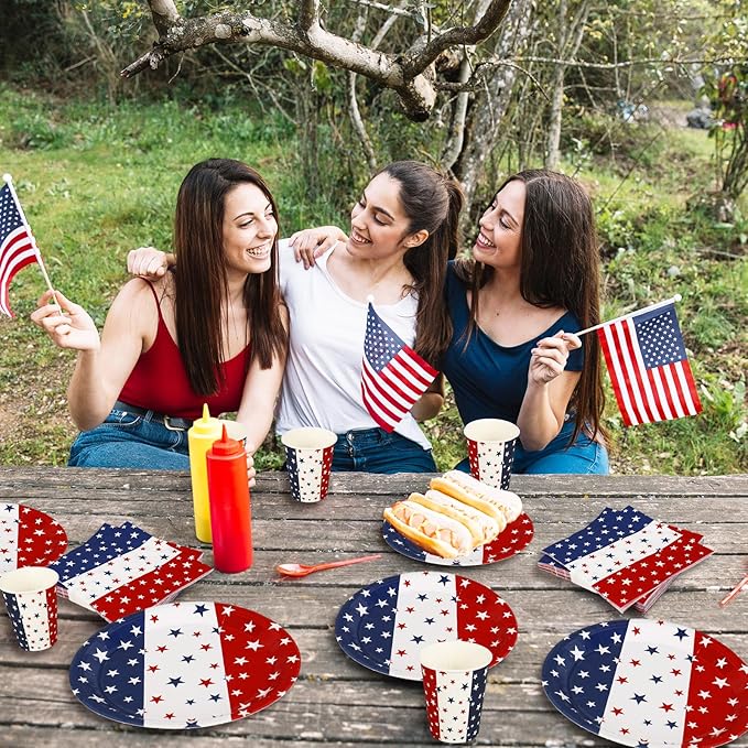 Whaline 96Pcs Patriotic Party Tableware Set with Paper Plate Napkin Cup Red White Blue Star 4th of July Disposable Dinnerware for 24 Guests Independence Day Party Table Decor