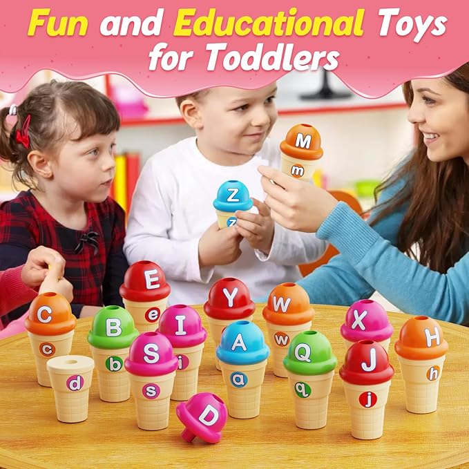 Alphabet Learning Toys,Ice Cream Toys Play Set,ABC Learning for Toddlers Kids,Matching Letter Game,Color Sorting,Montessori Fine Motor Stacking Toys,Kindergarten Preschool Learning Activities
