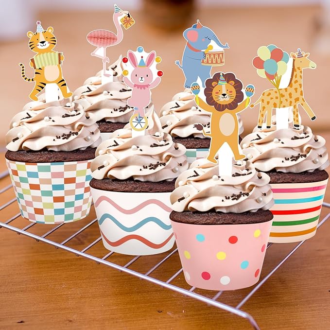 48 Pack Circus Animal Cupcake Toppers and Wrappers, Carnival Party Cake Decoration for Animal Theme Birthday Party Baby Shower Supplies