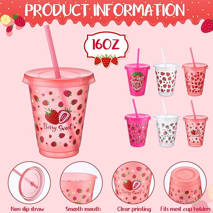 Sieral 30 Pcs Strawberry Cups with Straws and Lids 16 oz Cute Strawberry Cups Pink Clear Plastic Tumblers Reusable Iced Coffee Travel Mug for Sport Theme Party Supplies Decorations