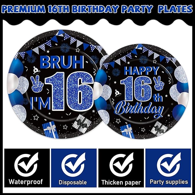 96PCS 16th Birthday Party Paper Plates and Napkins and Forks Set for Blue and Silver Bruh I'm 16 Years Old Party Paper Plates Disposable Decor Happy 16th Parties Set for Teens Birthday Decorations