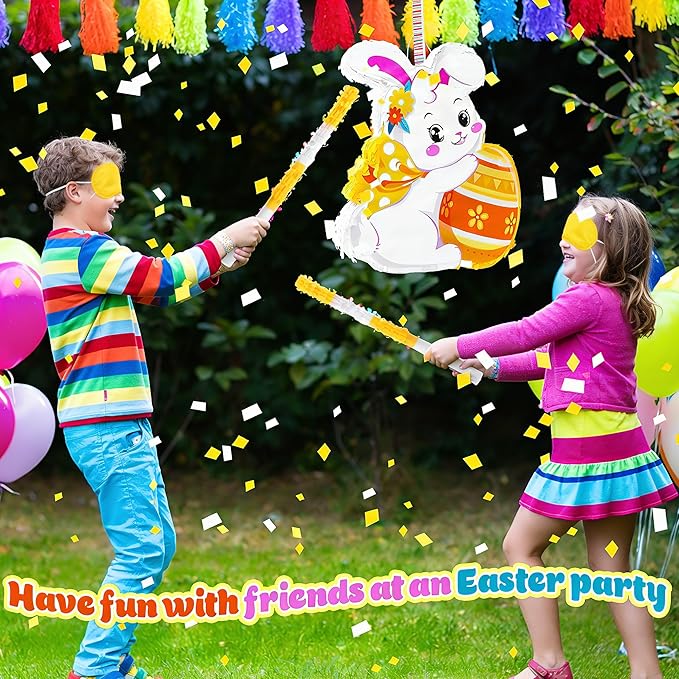 96pcs Easter Bunny Piñata Set Easter Piñata with Blindfold Hitting Stick Confetti Eggs Bracelets Photo Props for Birthday Decoration School Spring Party Game