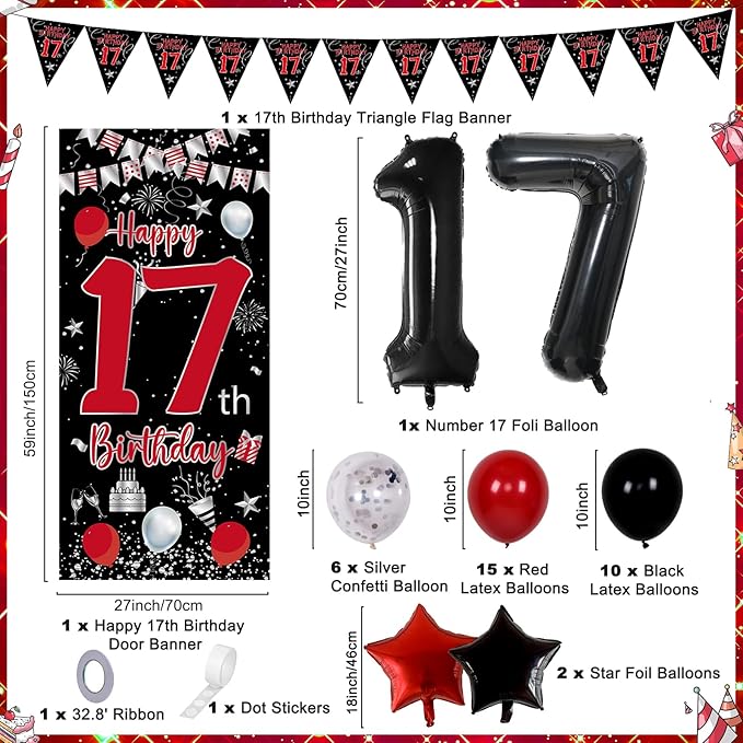 17th Birthday Decorations for Boys, Red Black Happy 17th Birthday Balloons Decorations for Girls, Boy 17 Year Old Door Banner, Triangle Flag, Large 17 Balloons Decor for 17 Bday Party Supplies