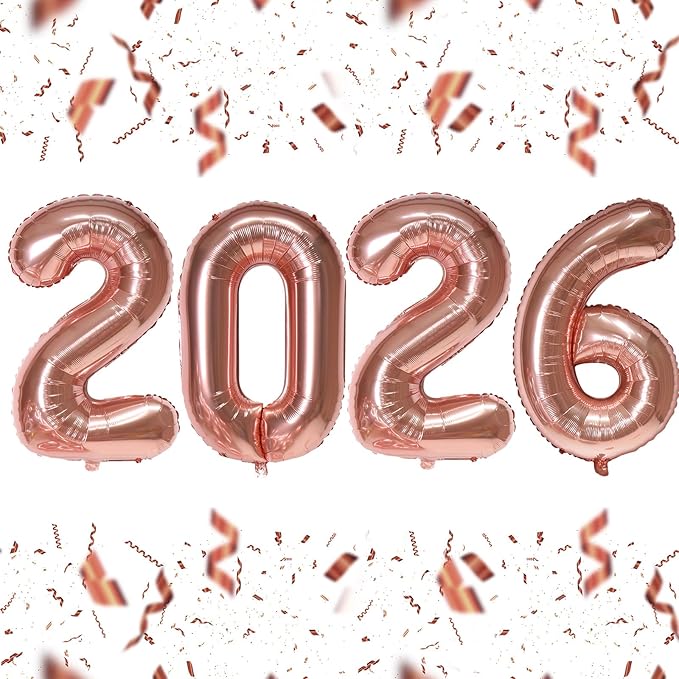 KALOR 16 Inch 2026 Rose Gold Foil Number Balloons, 2026 New Years Decorations for 2026 Happy New Year Eve and Graduations Party Supplies