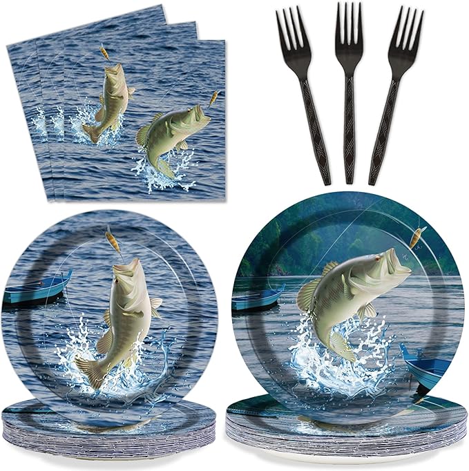 Gone Fishing Party Plates Napkins Gone Fishin' Dinnerware Fishing Themed Tableware for Fishin Tournament Birthday Disposable Paper Plates Napkins Party Decorations Supplies Favors 24 Guests