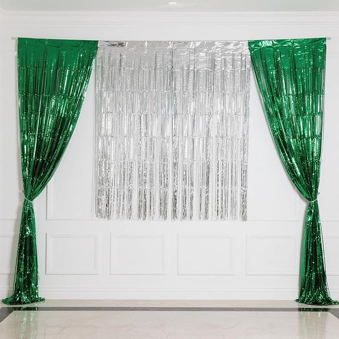 3 Packs Green Silver Foil Fringe Curtains, Birthday Party Decorations Backdrop Tinsel Steamer, Graduation Party Decorations Retirement Decor Party Backdrop