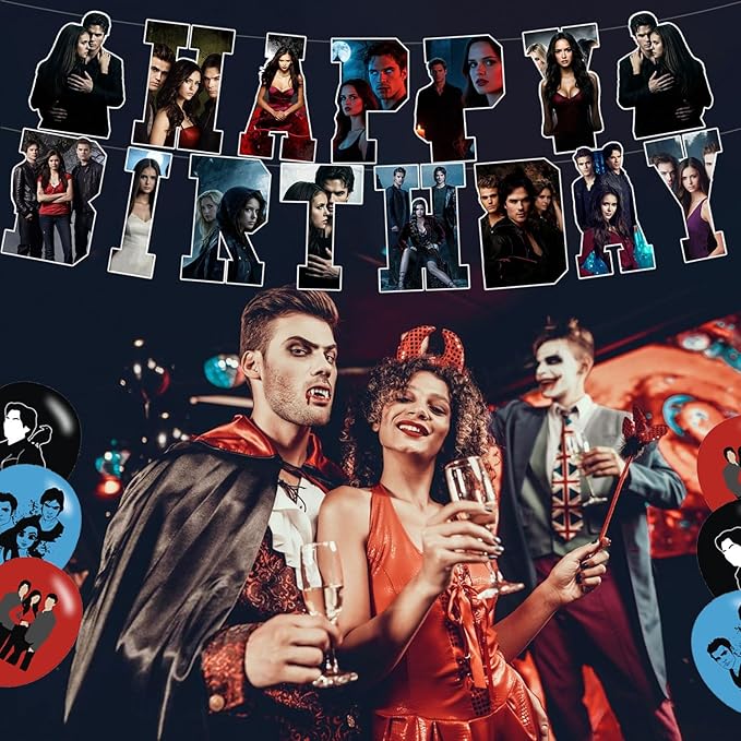 The Vampire Diaries Party Decorations,Birthday Party Supplies For Party Supplies Includes Banner - Cake Topper - 24 Cupcake Toppers - 18 Balloons-6 Swirls