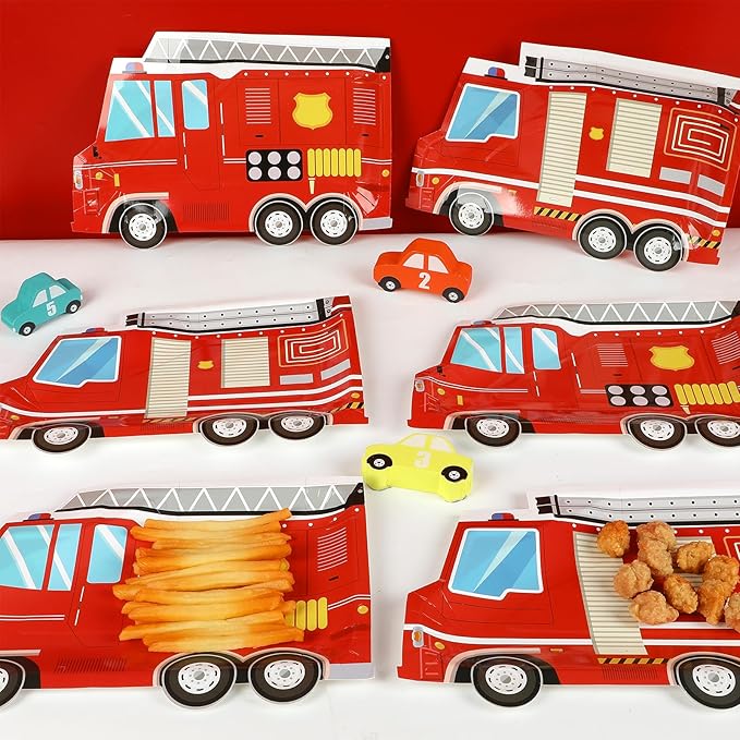50 Pcs Firetruck Birthday Party Plates Fire Truck Shaped Disposable Plates Fireman Paper Plates Firefighter Dessert Plates for Firetruck Birthday Fireman Baby Shower Firefighter Table Party Supplies