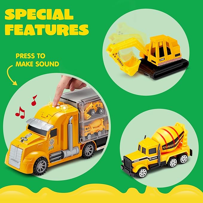 JOYIN 25 in 1 Kids Construction Truck Toy Set, 24Pcs Push and Go Cars and Worker Figures, Toddler Play Vehicles with Sounds and Light, Birthday Gifts for 3 4 5 6 7 Years Old Grandkids, Easter Basket
